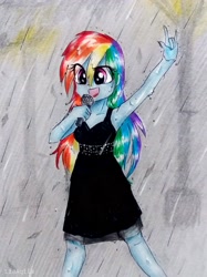 Size: 2185x2914 | Tagged: safe, artist:liaaqila, character:rainbow dash, my little pony:equestria girls, armpits, black dress, clothing, commission, commissioner:ajnrules, dress, female, little black dress, microphone, rain, rainbow dash always dresses in style, singing, sleeveless, smiling, solo, wet, wet clothes, wet dress