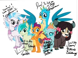 Size: 1280x947 | Tagged: safe, artist:cheezedoodle96, edit, character:gallus, character:ocellus, character:sandbar, character:silverstream, character:smolder, character:yona, species:changeling, species:classical hippogriff, species:dragon, species:earth pony, species:griffon, species:hippogriff, species:pony, species:reformed changeling, species:yak, autograph, bow, cloven hooves, colored hooves, cute, diaocelles, diastreamies, dragoness, female, gallabetes, hair bow, jewelry, male, monkey swings, necklace, sandabetes, signature, smolderbetes, student six, teenager, yonadorable
