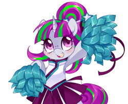 Size: 1226x1000 | Tagged: safe, artist:loyaldis, oc, oc only, oc:zippi, species:pony, species:unicorn, blushing, cheerleader, cheerleader outfit, clothing, cute, female, filly, open mouth, pleated skirt, pom pom, simple background, skirt, smiling, streamers, transparent background, ych result