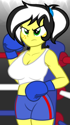 Size: 1080x1920 | Tagged: safe, artist:toyminator900, oc, oc only, oc:uppercute, my little pony:equestria girls, beautiful, beautisexy, boxing, boxing gloves, boxing ring, breasts, clothing, determined look, female, freckles, green eyes, gym shorts, ring, serious, sexy, shorts, solo, sports, sports bra, tank top, thighs, tomboy