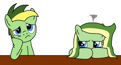 Size: 964x519 | Tagged: safe, artist:didgereethebrony, base used, oc, oc only, oc:boomerang beauty, oc:didgeree, species:pegasus, species:pony, blue eyes, bored, brother and sister, female, glare, grumpy, male, siblings, simple background, table, trace, transparent background