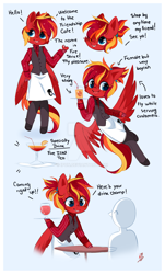 Size: 800x1324 | Tagged: safe, artist:ipun, oc, oc only, oc:fire strike, species:anthro, species:pegasus, species:pony, species:unguligrade anthro, anthro oc, apron, arm hooves, chibi, clothing, deviantart watermark, female, food, friendship cafe, mare, obtrusive watermark, shirt, shoes, solo, tea, trousers, vest, waitress, watermark