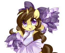 Size: 1226x1000 | Tagged: safe, artist:loyaldis, oc, oc only, oc:astral flare, species:pony, species:unicorn, adorable face, bow, cheerleader, cheerleader outfit, clothing, cute, excited, happy, ocbetes, pom pom, uniform