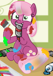 Size: 784x1124 | Tagged: safe, artist:grapefruitface1, artist:pikamander2, artist:seahawk270, base used, character:cheerilee, cheeribetes, classroom, cute, embarrassed, female, looking at you, messy, mouth hold, paint, paintbrush, painting, solo