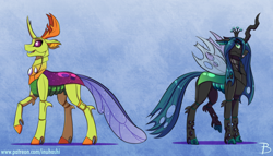 Size: 1772x1013 | Tagged: safe, artist:inuhoshi-to-darkpen, character:queen chrysalis, character:thorax, species:changeling, species:reformed changeling, blue background, changeling king, changeling queen, colored hooves, compound eyes, duo, exoskeleton, female, male, raised hoof, simple background
