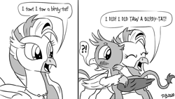 Size: 1200x675 | Tagged: safe, artist:pony-berserker, character:gallus, character:silverstream, species:classical hippogriff, species:griffon, species:hippogriff, blushing, cute, diastreamies, eyes closed, gallabetes, hug, implied gallstream, looney tunes, monochrome, pony-berserker's twitter sketches, reference, stippling, tweety bird