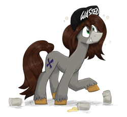 Size: 4900x4500 | Tagged: safe, artist:flutterthrash, oc, oc:whirly windmills, species:earth pony, species:pony, alcohol, beer, beer can, clothing, drunk, hat, male, municipal waste, solo, stallion, unshorn fetlocks