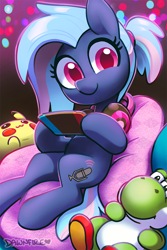 Size: 600x900 | Tagged: safe, artist:dawnfire, oc, oc only, oc:bit rate, species:earth pony, species:pony, crossover, headphones, looking at you, nintendo switch, pikachu, pokémon, smiling, smiling at you, solo, yoshi