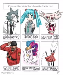 Size: 2500x2988 | Tagged: safe, artist:flutterthrash, character:queen novo, species:anthro, species:hippogriff, species:human, species:wolf, my little pony: the movie (2017), angel dust, beastars, bow tie, clothing, crossover, female, grin, hatsune miku, hazbin hotel, helmet, hollow knight, hornet, insect, legosi (beastars), male, necktie, salute, six fanarts, smiling, soldier, team fortress 2