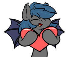 Size: 2560x1920 | Tagged: safe, artist:kimjoman, oc, oc only, species:bat pony, species:pony, bat pony oc, bat wings, blue mane, eyes closed, gray coat, happy, heart, holding, holiday, laughing, male, simple background, solo, stallion, transparent background, valentine's day, wings