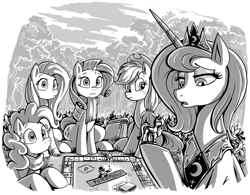 Size: 1380x1074 | Tagged: safe, artist:jowyb, character:applejack, character:fluttershy, character:pinkie pie, character:princess luna, character:rarity, species:alicorn, species:earth pony, species:pegasus, species:pony, species:unicorn, fanfic:the immortal game, fanfic art, female, figurine, forest, gaming miniature, grayscale, mare, miniature, monochrome, monopoly, s1 luna, sitting