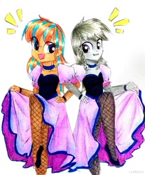 Size: 814x982 | Tagged: safe, artist:liaaqila, oc, oc only, oc:cold front, oc:disty, my little pony:equestria girls, choker, clothing, commission, crossdressing, dancing, dress, equestria girls-ified, fishnets, gay, high heels, male, oc x oc, pantyhose, saloon dress, shipping, shoes, smiling