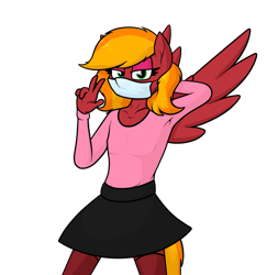 Size: 1239x1276 | Tagged: safe, artist:moonatik, oc, oc only, oc:moonatik, species:anthro, species:pegasus, species:pony, clothing, crossdressing, eyeshadow, face mask, femboy, makeup, male, mask, peace sign, simple background, skirt, socks, solo, spread wings, surgical mask, sweater, transparent background, trap, wings