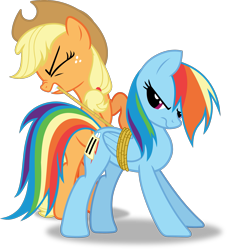 Size: 1885x2063 | Tagged: safe, artist:frownfactory, character:applejack, character:rainbow dash, species:earth pony, species:pegasus, species:pony, episode:fall weather friends, g4, my little pony: friendship is magic, .svg available, applejack's hat, bound, bound wings, clothing, cowboy hat, female, hat, mare, rope, simple background, svg, transparent background, vector, wings