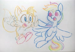 Size: 4032x2808 | Tagged: safe, artist:dawnfire, character:rainbow dash, species:anthro, species:fox, species:pegasus, species:pony, crayon drawing, irl, miles "tails" prower, photo, sketch, sonic the hedgehog (series), traditional art