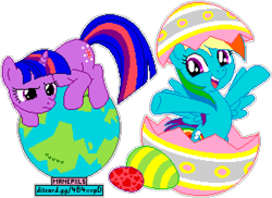 Size: 1148x836 | Tagged: safe, artist:dentist73548, artist:luckreza8, editor:cocoa bittersweet, character:rainbow dash, character:twilight sparkle, character:twilight sparkle (unicorn), species:pegasus, species:pony, species:unicorn, episode:secret of my excess, g4, my little pony: friendship is magic, crouching, cutie mark, duo, duo female, easter, easter egg, female, frown, glare, globe, heart, holiday, manepxls, mare, open mouth, pixel art, planet, pxls.space, raised hoof, simple background, spread arms, tangible heavenly object, transparent background