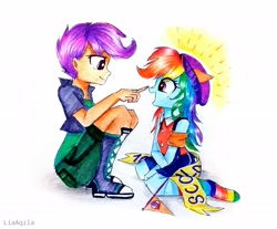 Size: 2801x2322 | Tagged: safe, artist:liaaqila, character:rainbow dash, character:scootaloo, species:pegasus, species:pony, my little pony:equestria girls, age swap, beanie, boop, clothing, commission, cute, dashabetes, dawwww, denim shorts, flag, happy, hat, older, older scootaloo, open mouth, rainbow socks, role reversal, short hair, shorts, smiling, socks, striped socks, tomboy, traditional art, weapons-grade cute, younger