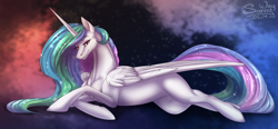 Size: 1500x698 | Tagged: safe, artist:sunny way, character:princess celestia, species:alicorn, species:pony, cloud, commission, feather, female, finished commission, hoers, hooves, horn, looking at you, mare, prone, smiling, smiling at you, solo, sparkles, wings