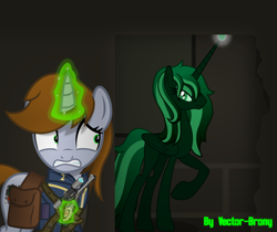Size: 4854x4079 | Tagged: safe, artist:vector-brony, oc, oc only, oc:littlepip, species:alicorn, species:pony, species:unicorn, fallout equestria, alicorn oc, artificial alicorn, bag, clothing, fanfic, fanfic art, female, glowing horn, green alicorn (fo:e), gritted teeth, gun, handgun, hooves, horn, levitation, little macintosh, magic, mare, optical sight, pipbuck, pistol, raised hoof, revolver, saddle bag, scared, scope, telekinesis, vault suit, weapon, wings