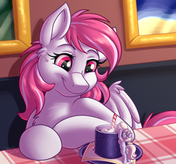 Size: 3348x3120 | Tagged: safe, artist:sugaryviolet, oc, oc:eula phi, oc:evening skies, chocolate, food, hot chocolate, micro, mug, peppermint stick, size difference