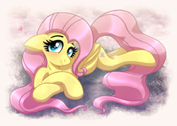 Size: 4297x3081 | Tagged: safe, artist:joakaha, character:fluttershy, species:pegasus, species:pony, blushing, crossed hooves, cute, digital art, female, floppy ears, heart, looking at you, mare, shyabetes, smiling, solo
