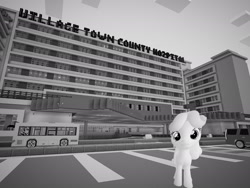 Size: 2048x1536 | Tagged: safe, artist:topsangtheman, character:linky, character:shoeshine, species:earth pony, species:pony, 3d, bus, cadillac, grayscale, hospital, looking at you, minecraft, monochrome, source filmmaker