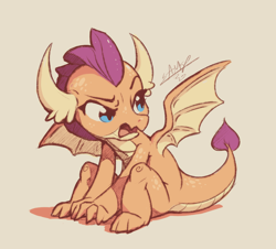 Size: 1200x1085 | Tagged: safe, artist:assasinmonkey, character:smolder, species:dragon, angry, cute, dragoness, female, looking sideways, madorable, open mouth, simple background, sitting, smolderbetes, solo, spread wings, tan background, wings