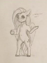 Size: 3024x4032 | Tagged: safe, artist:miokomata, character:fluttershy, species:pegasus, species:pony, belly button, chest fluff, coffee mug, dialogue, featureless crotch, female, freckles, freckleshy, monochrome, mug, open mouth, semi-anthro, simple background, sketch, solo, traditional art