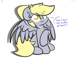 Size: 2560x1920 | Tagged: safe, artist:kimjoman, character:derpy hooves, species:pegasus, species:pony, alternate hairstyle, chest fluff, colored pupils, cute, derpabetes, dialogue, female, mare, muffin, ponytail, sitting, solo, speech bubble, spread wings, text, that pony sure does love muffins, wings