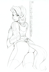 Size: 1104x1614 | Tagged: safe, artist:longinius, character:starlight glimmer, species:anthro, species:pony, species:unicorn, ass, blushing, butt, clothing, female, glimmer glutes, hands in pockets, hoodie, jacket, looking back, midriff, monochrome, pants, text, tight clothing, tights, traditional art, yoga pants