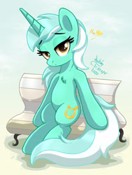 Size: 3078x4070 | Tagged: safe, artist:joakaha, character:lyra heartstrings, species:pony, species:unicorn, bench, chest fluff, female, heart, lidded eyes, looking at you, mare, meme, sitting, sitting lyra, solo