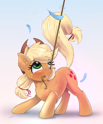 Size: 2124x2553 | Tagged: safe, artist:xbi, character:applejack, species:earth pony, species:pony, 30 minute art challenge finished after, captured, cider, cider dash, cider theft, cute, eye reflection, feather, female, gradient background, implied rainbow dash, jackabetes, lasso, looking up, mare, mouth hold, offscreen character, reflection, rope, solo