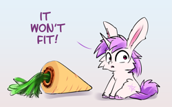 Size: 2285x1425 | Tagged: safe, artist:xbi, oc, oc only, oc:lapush buns, species:pony, species:unicorn, bunny ears, bunnycorn, carrot, food, gradient background, not going to fit, solo