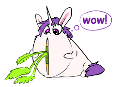 Size: 1656x1194 | Tagged: safe, artist:xbi, oc, oc only, oc:lapush buns, species:pony, species:unicorn, bunny ears, bunnycorn, carrot, food, herbivore, impossible fit, solo, wow