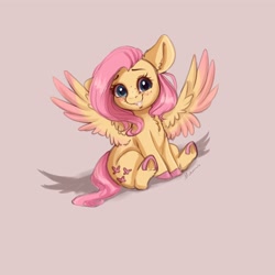 Size: 4000x4000 | Tagged: safe, artist:miokomata, character:fluttershy, species:pegasus, species:pony, blushing, chest fluff, colored hooves, colored wings, female, freckles, freckleshy, looking at you, mare, pink background, shadow, signature, simple background, sitting, smiling, smol, underhoof, wings
