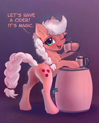 Size: 2575x3215 | Tagged: safe, artist:xbi, character:applejack, species:earth pony, species:pony, alternate hairstyle, barrel, bipedal, bipedal leaning, braid, braided tail, butt, butt fluff, cheek fluff, chest fluff, cider, cute, dialogue, ear fluff, female, gradient background, high res, jackabetes, keg, leaning, leg fluff, looking at you, mare, one eye closed, open mouth, plot, solo, tabun art-battle, tabun art-battle finished after, talking to viewer, wink