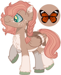 Size: 1280x1572 | Tagged: safe, artist:darknessishappy, artist:lazuli, base used, oc, oc:butterfly harvest, parent:applejack, parent:fluttershy, parents:appleshy, species:pegasus, species:pony, braid, butterfly, chest fluff, colored hooves, colored wings, cutie mark, ear fluff, folded wings, freckles, green eyes, magical lesbian spawn, male, multicolored coat, multicolored wings, offspring, pegasus oc, raised hoof, simple background, solo, stallion, standing on two hooves, transparent background, unshorn fetlocks, wings