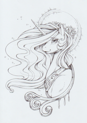 Size: 886x1249 | Tagged: safe, artist:longinius, character:princess celestia, species:alicorn, species:pony, blushing, bust, female, flower, flower in hair, grayscale, halo, jewelry, lineart, mare, monochrome, pencil drawing, portrait, regalia, simple background, traditional art, white background