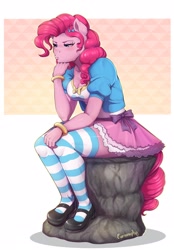 Size: 1434x2060 | Tagged: safe, artist:evomanaphy, character:pinkie pie, species:anthro, species:plantigrade anthro, my little pony:equestria girls, breasts, busty pinkie pie, cleavage, clothing, equestria girls outfit, female, mary janes, misleading thumbnail, shoes, sitting, socks, solo, stockings, striped socks, the thinker, thigh highs