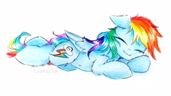 Size: 3576x2011 | Tagged: safe, artist:liaaqila, character:rainbow dash, species:pegasus, species:pony, backwards cutie mark, belly button, cute, dashabetes, eyes closed, female, fluffy, mare, sleeping, smiling, solo, traditional art