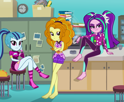 Size: 3192x2648 | Tagged: safe, artist:charliexe, artist:grapefruitface1, base used, derpibooru original, character:adagio dazzle, character:aria blaze, character:sonata dusk, episode:find the magic, g4, my little pony: equestria girls, my little pony:equestria girls, spoiler:eqg series (season 2), ashtray, ass, barefoot, blushing, book, butt, cigarette, clock, clothing, desk, feet, food, legs, looking at you, office, schrödinger's pantsu, smoking, socks, sonata donk, taco, the dazzlings, thighs