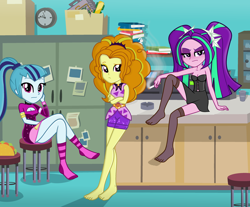 Size: 3192x2648 | Tagged: safe, alternate version, artist:charliexe, artist:grapefruitface1, base used, derpibooru original, character:adagio dazzle, character:aria blaze, character:sonata dusk, episode:find the magic, g4, my little pony: equestria girls, my little pony:equestria girls, spoiler:eqg series (season 2), ashtray, ass, bare shoulders, barefoot, blushing, book, breasts, butt, cigarette, cleavage, clock, clothing, desk, feet, female, food, legs, looking at you, office, pigtails, ponytail, resting bitch face, schrödinger's pantsu, sleeveless, smoking, socks, sonata donk, stocking feet, stockings, strapless, taco, taco dress, the dazzlings, thigh highs, thighs, trio, trio female, twintails