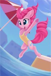 Size: 1334x1975 | Tagged: safe, artist:dusthiel, character:pinkie pie, species:earth pony, species:pony, beach umbrella, chest fluff, clothing, cute, diapinkes, diving, female, leg fluff, mare, one-piece swimsuit, open mouth, sky, solo, swimming pool, swimsuit