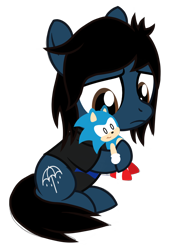 Size: 1200x1600 | Tagged: safe, artist:toyminator900, character:sonic the hedgehog, oc, species:earth pony, species:pony, bring me the horizon, clothing, colt, frown, hoof hold, hug, male, oliver sykes, plushie, ponified, sad, shirt, show accurate, simple background, sitting, solo, sonic the hedgehog (series), t-shirt, transparent background, younger