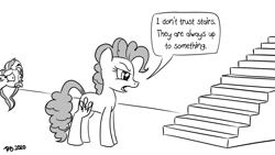 Size: 1200x675 | Tagged: safe, artist:pony-berserker, character:pinkie pie, character:silverstream, species:classical hippogriff, species:earth pony, species:hippogriff, species:pony, black and white, dialogue, female, grayscale, mare, monochrome, pony-berserker's twitter sketches, pun, simple background, speech bubble, stairs, stippling, that hippogriff sure does love stairs, white background