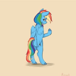 Size: 4000x4000 | Tagged: safe, artist:miokomata, character:rainbow dash, species:pegasus, species:pony, bipedal, butt, colored hooves, dock, female, looking at you, looking back, looking back at you, mare, rainbutt dash, signature, simple background, solo