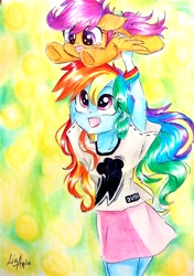 Size: 2322x3304 | Tagged: safe, artist:liaaqila, character:rainbow dash, character:scootaloo, species:pegasus, species:pony, my little pony:equestria girls, abstract background, cute, cutealoo, dashabetes, duo, feels in the description, holding a pony, human and pony, liaaqila is trying to murder us, scootalove, smiling, traditional art
