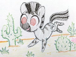 Size: 1200x900 | Tagged: safe, artist:dawnfire, oc, oc only, oc:mcmiag, species:pony, species:zebra, cactus, colt, crayon, crayon drawing, desert, happy, male, red eyes, solo, sticky note, traditional art