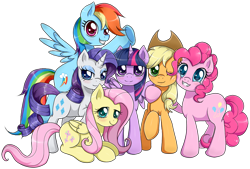Size: 900x610 | Tagged: safe, artist:evomanaphy, character:applejack, character:fluttershy, character:pinkie pie, character:rainbow dash, character:rarity, character:twilight sparkle, character:twilight sparkle (alicorn), species:alicorn, species:earth pony, species:pegasus, species:pony, species:unicorn, episode:twilight's kingdom, g4, my little pony: friendship is magic, cheek squish, colored pupils, cute, female, full face view, looking at you, mane six, mare, one eye closed, prone, scene interpretation, simple background, smiling, squishy cheeks, three quarter view, transparent background