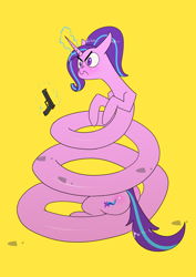 Size: 2480x3508 | Tagged: safe, artist:underpable, character:starlight glimmer, species:pony, species:unicorn, angry, coils, don't tread on me, female, flag, frown, gadsden flag, gun, long glimmer, long pony, magic, simple background, telekinesis, this will end in gulag, weapon, yellow background
